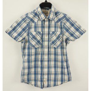 RUEHL 925 Mens Small Short Sleeve White Cream Blue Plaid Cotton Pearl Snap Shirt